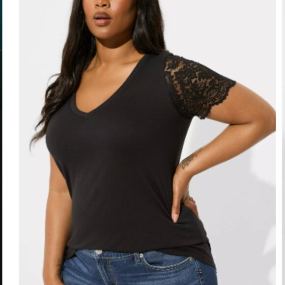 Torrid 3X Classic Fit Cotton Blend V Neck Lace Sleeve Tee - Picture 1 of 7